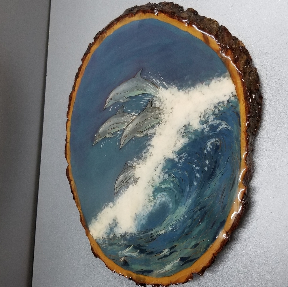Vtg Dolphins Decoupage Wood Slice Live Edge Wall Hanging Art Plaque Blue Ocean